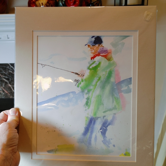 Other - WATERCOLOR MATTED PRINT OF FISHERMAN AT CROSS SOUND LODGE ALASKA 14 X 11